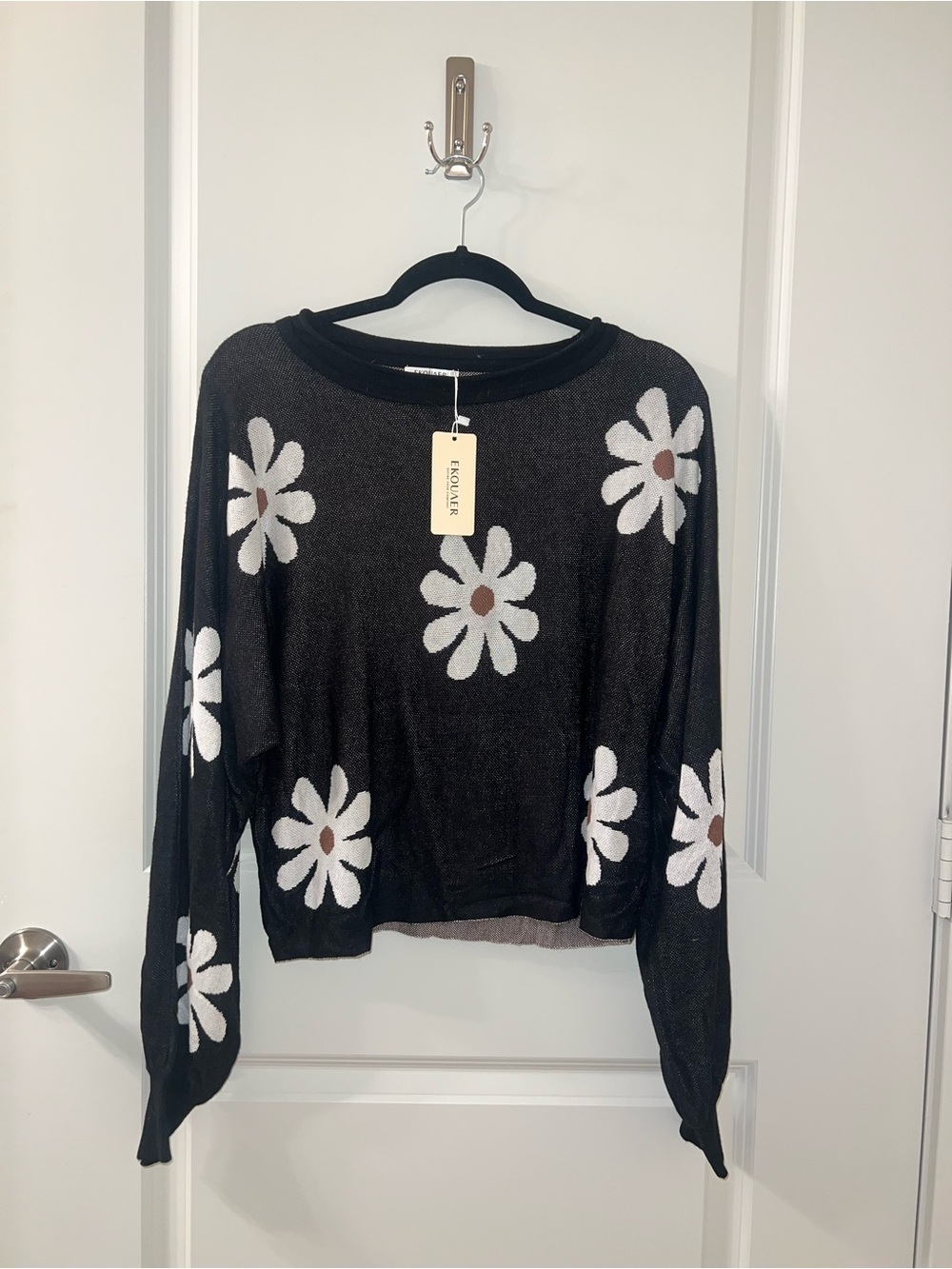 Amazon Black Crewneck Sweater with White Daisy Print and Brown Centers